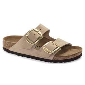 Birkenstock Arizona Two-Strap Sandals in Beige with Gold Buckles